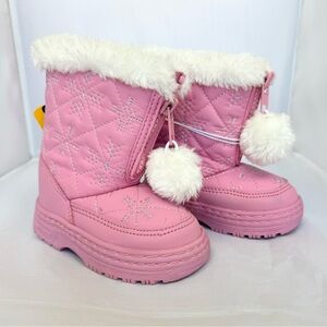 Girls Pink Winter Boots Faux Fur Lined Zip Up Poms Snowflakes  Sz 5 NWT